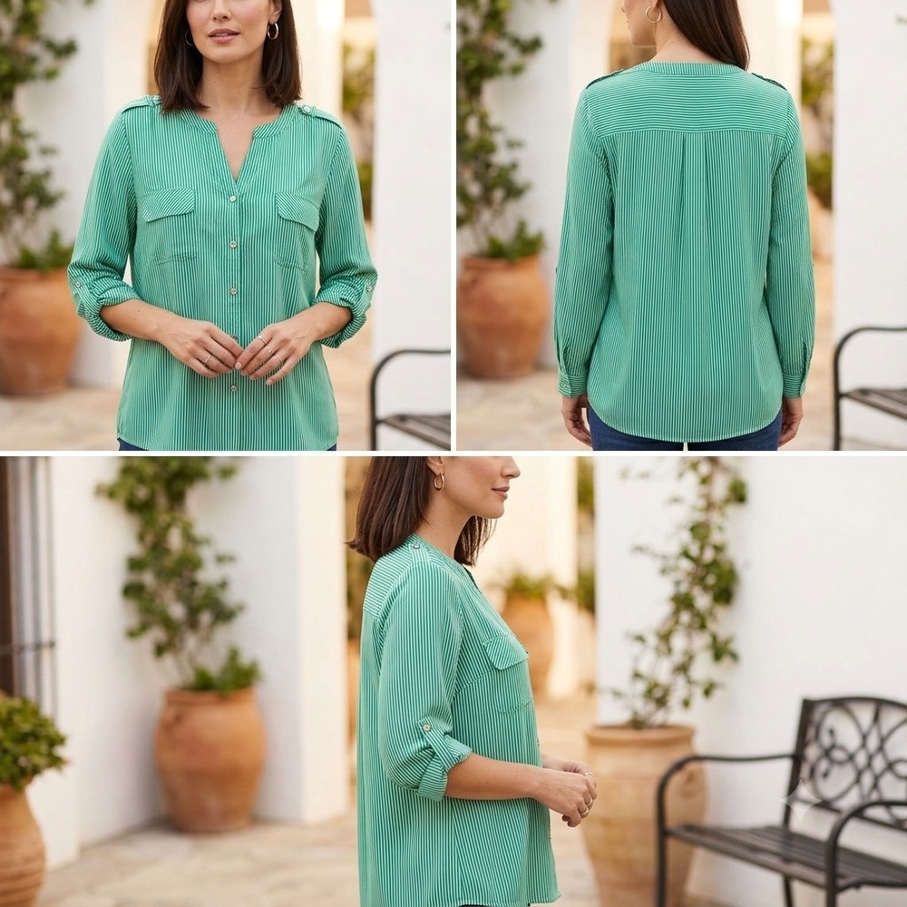 Adrienne Vittadini Blouse Top Womens XL Green Striped‎ Roll-Tab Sleeve Stretch